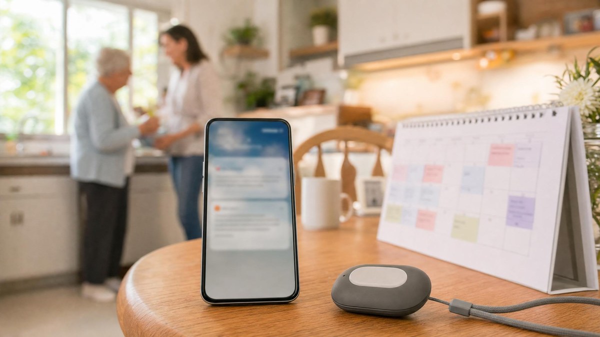Caregiver phone alert concept with an unbranded medical alert button