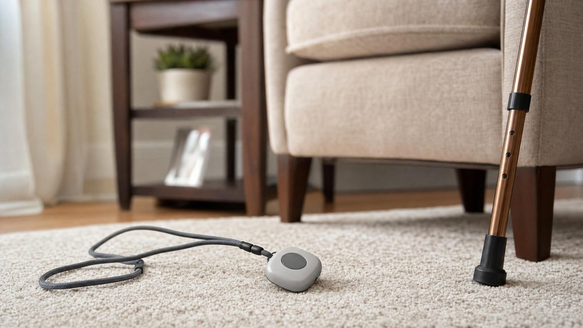 Unbranded medical alert pendant near a cane and chair for fall detection context