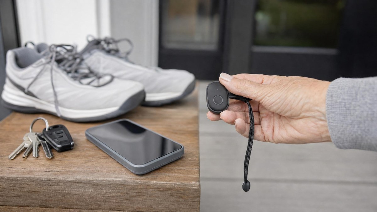 Unbranded mobile medical alert button near walking shoes and a phone