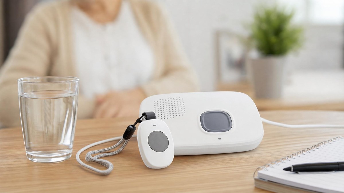 Unbranded medical alert device review setup on a clean tabletop